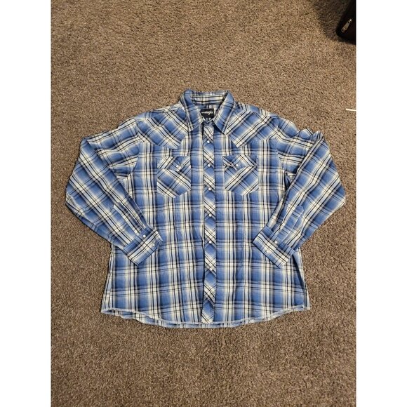Wrangler Western Pearl Snap Plaid Long Sleeve Nutton Down Men XXL 2XL Rodeo Blue - Picture 2 of 11